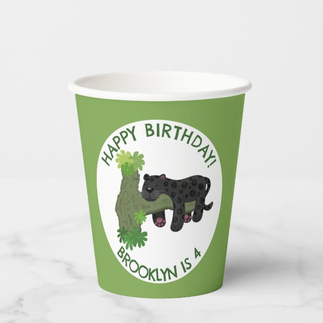 Jaguar black panther personalised cartoon birthday paper cups (Front)