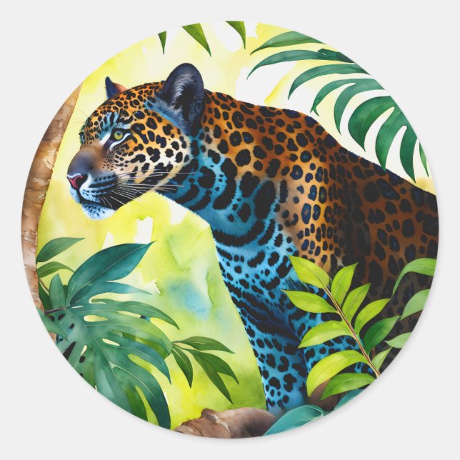 Jaguar Botanical Forest Jungle Classic Round Sticker (Front)