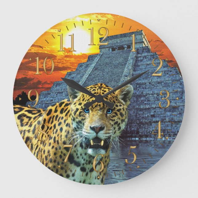 Jaguar & Chichen Itza Temple Wildlife Wall Clock (Front)
