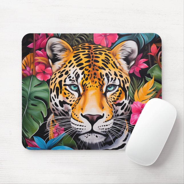 Jaguar in Jungle Bloom Mouse Pad (With Mouse)
