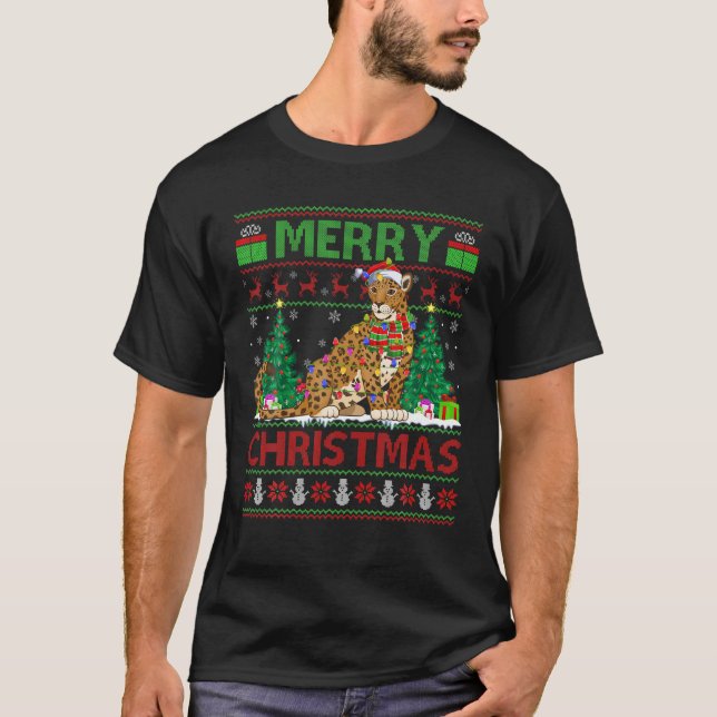Jaguar Lover Xmas Lighting Santa Ugly Jaguar Chris T-Shirt (Front)