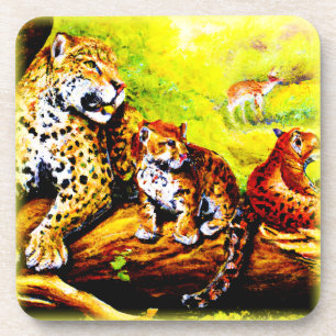 Jaguar Mum and Cubs Relaxing in Jungle. Buy Now Coaster