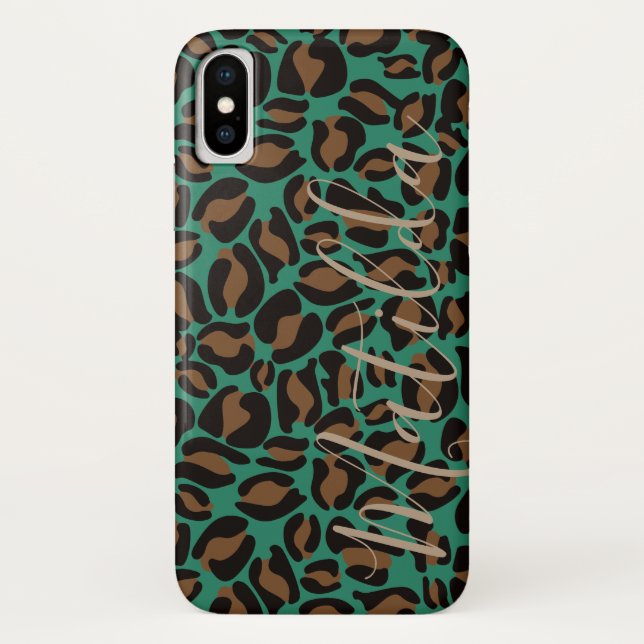 Jaguar Pattern Print Green Brown Personalized Name Case-Mate iPhone Case (Back)
