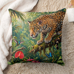 Jaguar Rainforest Hummingbird Butterflies Flowers Cushion