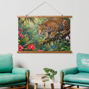Jaguar Rainforest Hummingbird Butterflies Flowers Hanging Tapestry