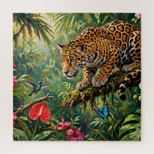 Jaguar Rainforest Hummingbird Butterflies Flowers Jigsaw Puzzle