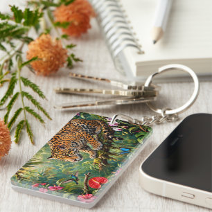 Jaguar Rainforest Hummingbird Butterflies Flowers Key Ring