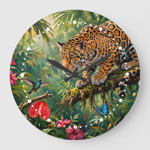Jaguar Rainforest Hummingbird Butterflies Flowers Large Clock