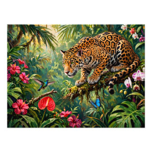 Jaguar Rainforest Hummingbird Butterflies Flowers Photo Print