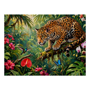 Jaguar Rainforest Hummingbird Butterflies Flowers Poster