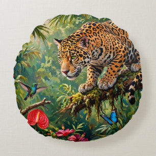 Jaguar Rainforest Hummingbird Butterflies Flowers Round Cushion