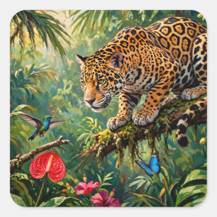Jaguar Rainforest Hummingbird Butterflies Flowers Square Sticker