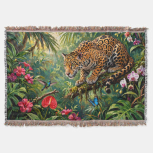 Jaguar Rainforest Hummingbird Butterflies Flowers Throw Blanket