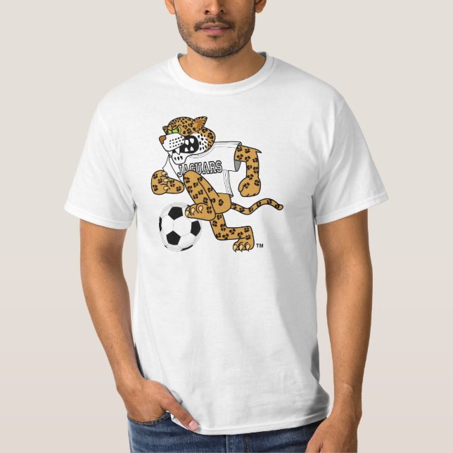 Jaguar School Mascot Playing Soccer T-Shirt (Front)