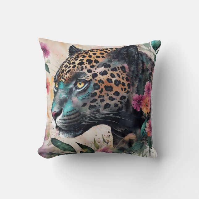 Jaguar Watercolor Floral Artwork Cushion (Front)