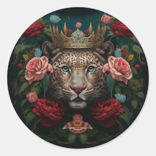 Jaguar with Crown in Flowers Painting              Classic Round Sticker