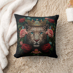 Jaguar with Crown in Flowers Painting              Cushion