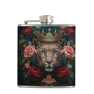 Jaguar with Crown in Flowers Painting Hip Flask