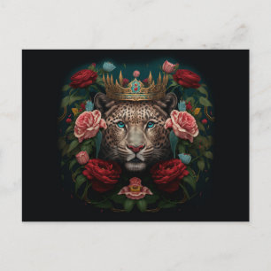 Jaguar with Crown in Flowers Painting              Postcard