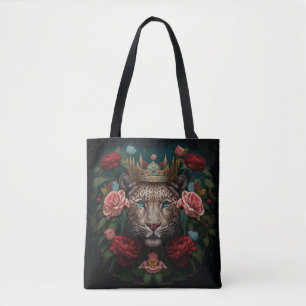 Jaguar with Crown in Flowers Painting              Tote Bag