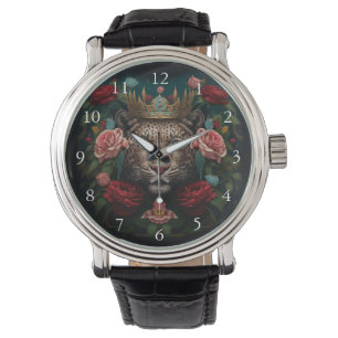 Jaguar with Crown in Flowers Painting            Watch