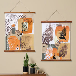 Jaguar Zebra Earth Tones Modern Abstract Pop Art Hanging Tapestry
