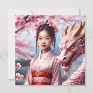 Jahr des Drachen 2024 - Mädchen zwischen Kirschblü Holiday Card