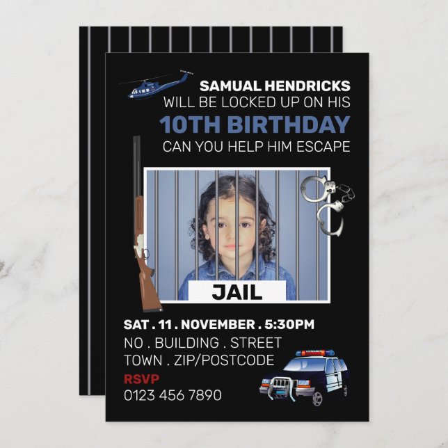Jail Themed Escape Room, Birthday Party Invitation (Front/Back)