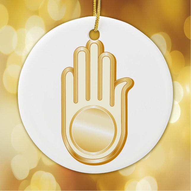 Jain, Gold Symbol Ceramic Ornament (Golden Ahimsa symbol of the Jain faith. Peace.)