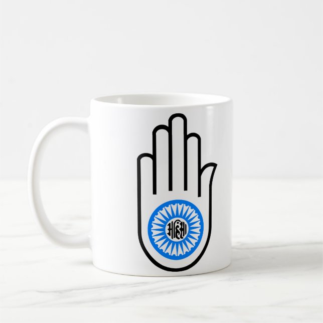 Jainism Symbol Hand and Wheel Reading Ahimsa Coffee Mug (Left)