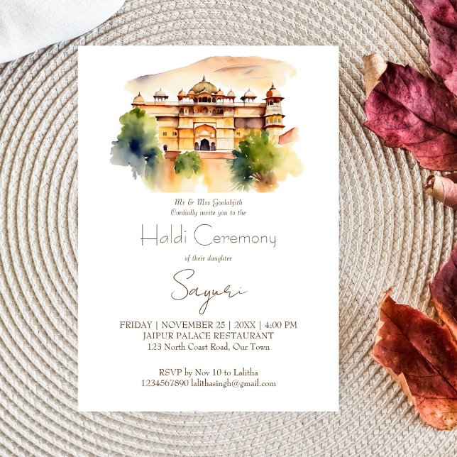Jaipur palace watercolor Indian wedding Haldi Invitation (Jaipur palace modern watercolor Indian wedding Haldi editable template invitation digital download )
