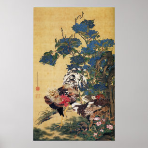 Jakuchu, Rooster and Hen with Hydrangeas Posters