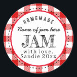 Jam Homemade Red Buffalo Plaid Custom Food Round Classic Round Sticker<br><div class="desc">A jam homemade custom gift round sticker with a red buffalo plaid design.</div>