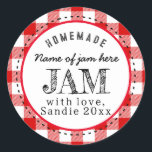 Jam Homemade Red Buffalo Plaid Custom Food Round Classic Round Sticker<br><div class="desc">A jam homemade custom gift round sticker with a red buffalo plaid design.</div>