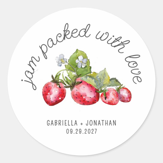 Jam Packed With Love Strawberry Jam Wedding Favour Classic Round Sticker (Front)