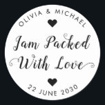 Jam Packed With Love Wedding Party Jam Jar Favour Classic Round Sticker<br><div class="desc">A Classic Black Wedding Jam Jelly Jar Favour Label Sticker featuring "Jam Packed With Love" in a rustic modern elegant font calligraphy and heart accents. 
You can easily personalised it with your names and wedding date.</div>