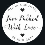 Jam Packed With Love Wedding Party Jam Jar Favour Classic Round Sticker<br><div class="desc">A Classic Black Wedding Jam Jelly Jar Favour Label Sticker featuring "Jam Packed With Love" in a rustic modern elegant font calligraphy and heart accents. 
You can easily personalised it with your names and wedding date.</div>