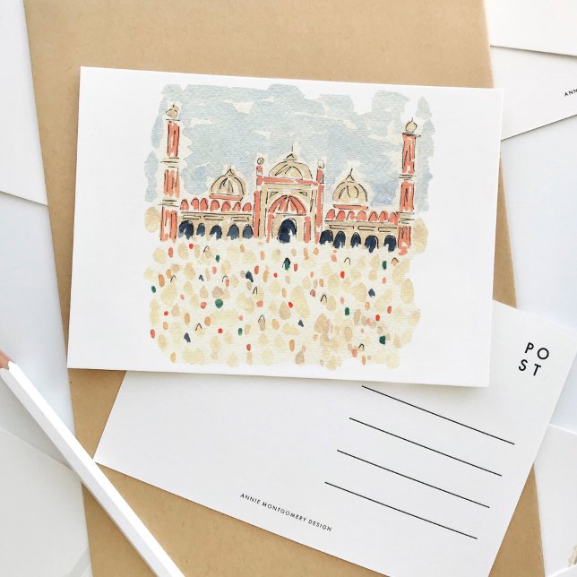 Jama Masjid Delhi India Muslim Watercolor Travel Invitation Postcard (Jama Masjid Delhi India Muslim wwatercolor travel postcard.)