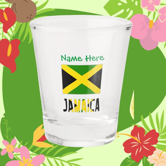 Jamaica and Jamaican Flag Green Personalisation  Shot Glass (Shot glass with Jamaican Flag and the word JAMAICA underneath in flag colors. Add a name above.)