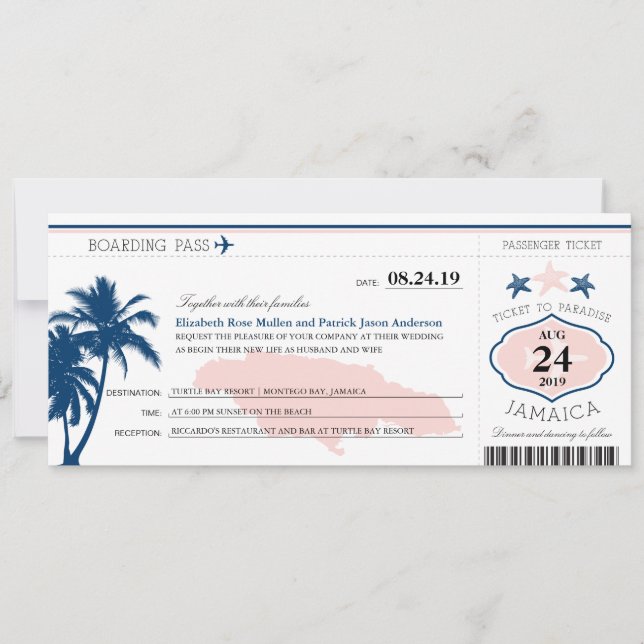 Jamaica Blue/Pink Palm Tree Starfish Boarding Pass Invitation (Front)