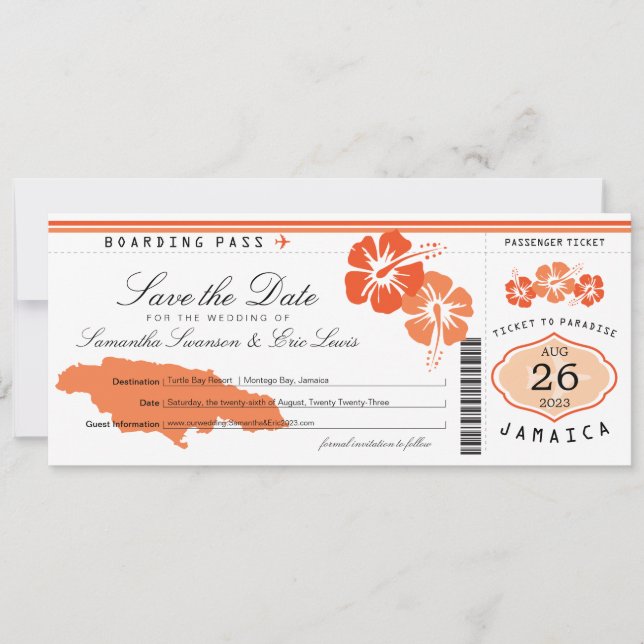 Jamaica Boarding Pass Wedding Save the Date (Front)