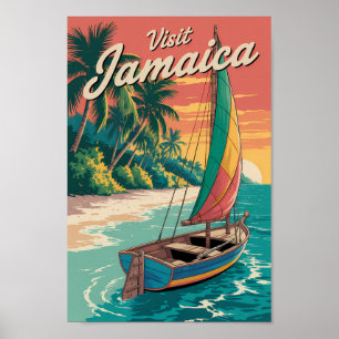 Jamaica Boat Illustration Travel Art Vintage Poster