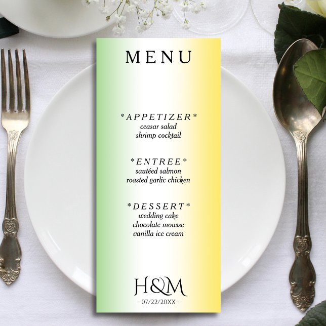 Jamaica Colours Ombre Jamaican Wedding Reception Menu (Jamaica colors green and gold gradient wedding menu)