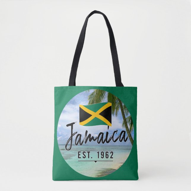 "Jamaica Est. 1962" Beach With Jamaica Flag Art Tote Bag (Front)