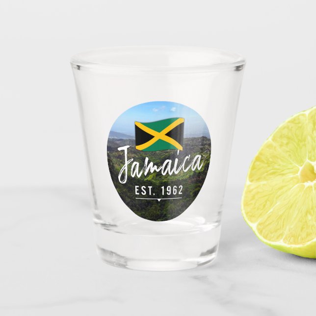 "Jamaica Est. 1962" Blue Mountains With Flag Shot Glass (Front)