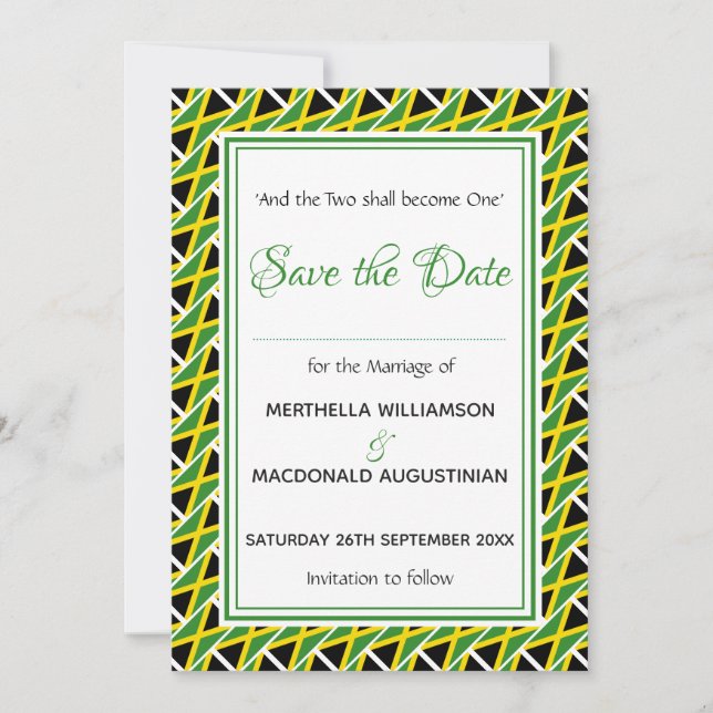 JAMAICA FLAG Customised Scripture Stylish Jamaican Save The Date (Front)