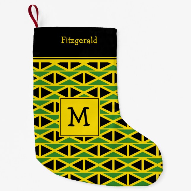 JAMAICA Flag Monogram Custom Text YELLOW Small Christmas Stocking (Front)