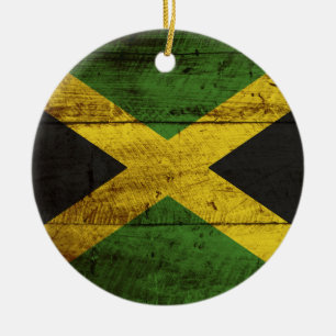 Jamaica Flag on Old Wood Grain Ceramic Ornament
