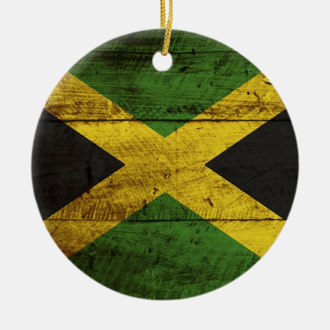 Jamaica Flag on Old Wood Grain Ceramic Ornament (Front)