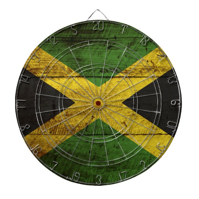 Jamaica Flag on Old Wood Grain Dartboard (Front)